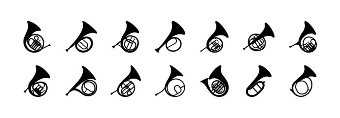Set of musical brass instruments icons - Minimalist flat design icons showing a collection of brass instruments like trumpet, trombone, tuba, and French horn in a clean style. © Tanjila