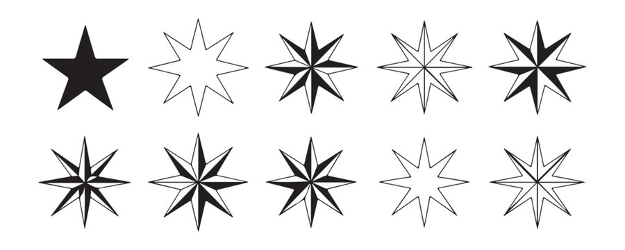 Compass rose and starburst icons featuring eight point symmetrical geometry for nautical vector design.