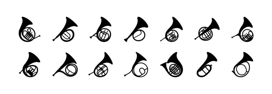 Set of musical brass instruments icons - Minimalist flat design icons showing a collection of brass instruments like trumpet, trombone, tuba, and French horn in a clean style.