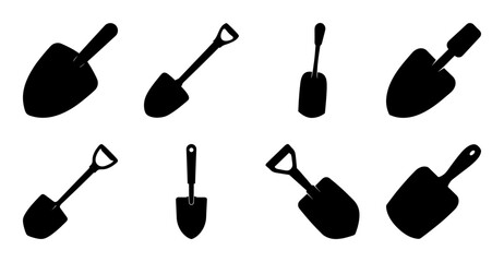 Set of eight black shovel icons in various styles - Eight distinct black shovel icons in different shapes and orientations for versatile use in designs and projects. © Tanjila