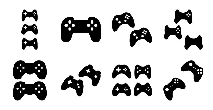 Black game controllers and bow ties icon set - Minimalist black icons featuring game controllers and bow ties arranged in a clean, organized style perfect for gaming or fashion themes.