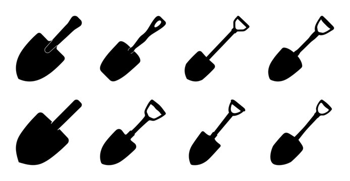 Set of eight black shovel icons in different angles - Simple vector illustration of eight black shovels shown from various perspectives, ideal for icons or design projects.