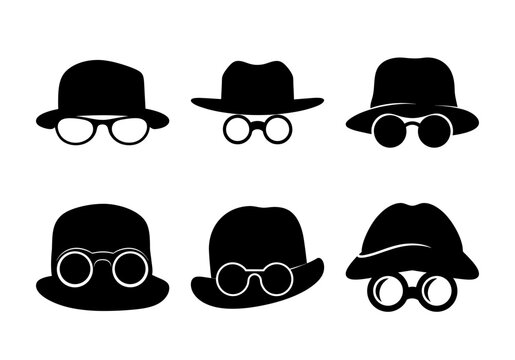 Six stylish black fedora icons with goggles - Set of six black silhouette icons featuring fedoras paired with round goggles, ideal for vintage or spy-themed designs.