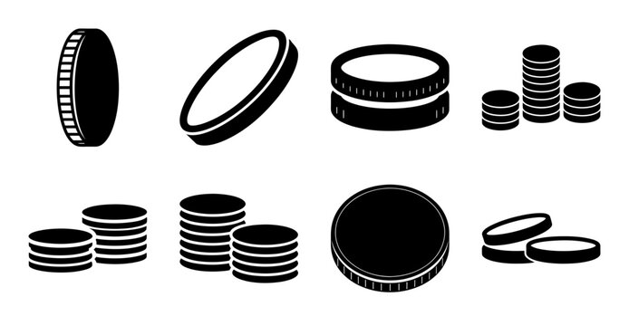 Black and gold coin stack illustration - Simple vector illustration of various stacked coins in black and gold tones, perfect for financial or business graphics.