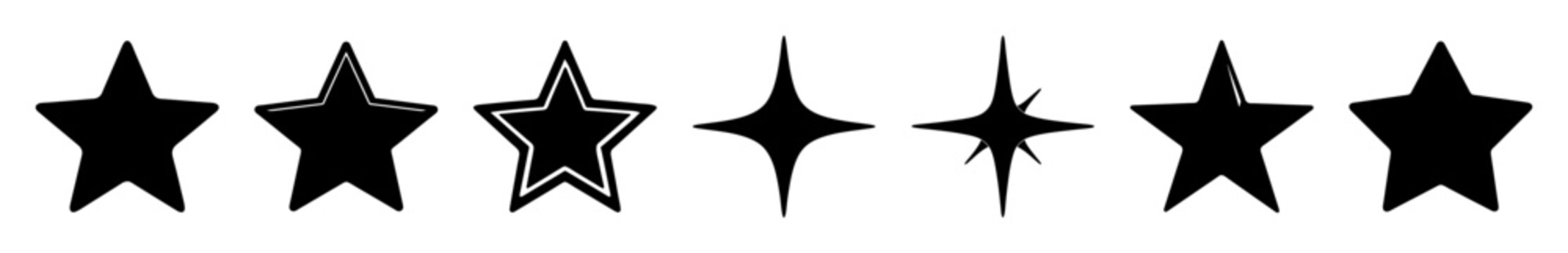 Black star rating icons set with different styles - Five black star icons in varying styles, perfect for reviews, ratings, or feedback sections in modern designs.