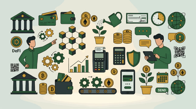 Flat Design Illustration of Financial Technology Concepts: DeFi, Cryptocurrency, Banking, and Digital Transactions with People and Icons