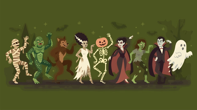 Classic Monsters Lineup: Mummy, Creature, Werewolf, Bride, Pumpkin Skeleton, Vampire, Zombie, and Ghost in Flat Design Style