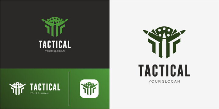 Tactical bullet and gun revolver cylinder logo design template. Military weapon symbol vector illustration.