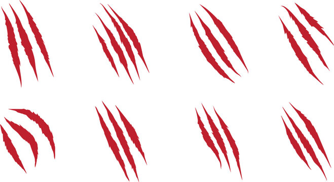 Sharp claw scratch mark set in bold red style with aggressive slashing lines and dynamic texture. Grunge horror elements perfect for gaming posters branding and edgy design themes. Isolated vector 