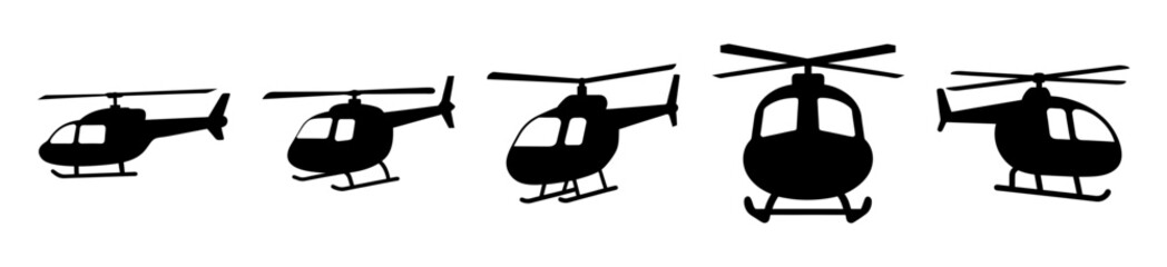 Five helicopters flying in a row - Sleek black helicopters in a formation flight sequence, simple and clean graphic style ideal for travel or aviation stock needs © Tanjila