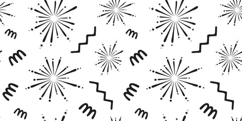Obraz premium Festive abstract pattern with starburst fireworks and playful squiggle lines on bold red background. Seamless celebratory design perfect for holiday branding packaging and decorative prints. Modern 