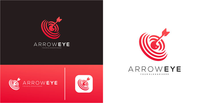 Modern Target Arrow and Eye Logo for Marketing or Analytics Business. Geometric abstract vector icon symbol red gradient.