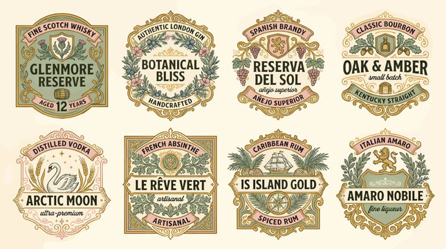 Collection of Vintage Liquor Label Designs in Flat Vector Style, Featuring Whisky, Gin, Brandy, Bourbon, Vodka, Absinthe, and Rum, with Ornate Borders and Thematic Illustrations