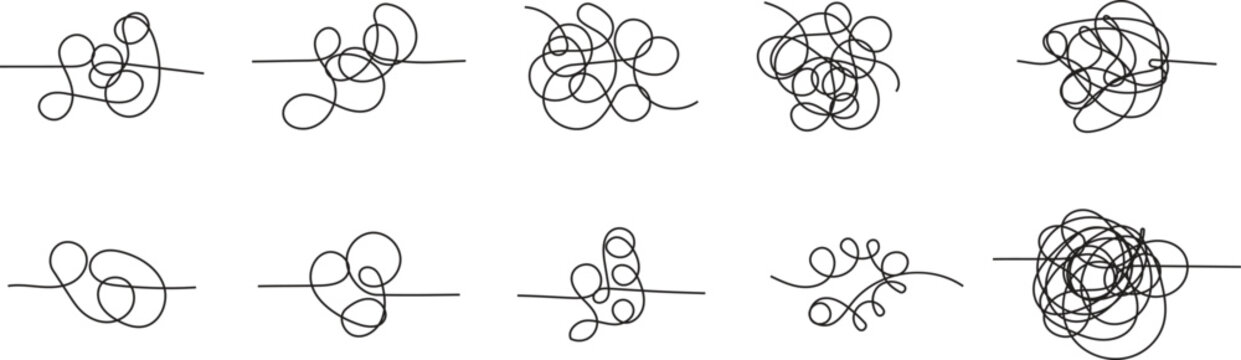 Abstract scribble line set with chaotic tangled loops and messy sketch strokes in minimal style. Expressive doodle elements perfect for concept art brainstorming and creative design. Clean vector 