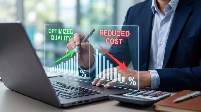 Businessman analyzing holographic charts showing optimized quality increase and reduced cost decrease for corporate efficiency and financial savings