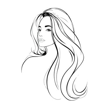 Elegant woman with long hair, fashion vector illustration, portrait of a beautiful female model, beauty sketch art design, silhouette style, glamour face portrait