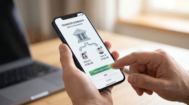 Close up of hands holding smartphone displaying mobile banking app transfer summary, splitting payment to recipients, confirming split transaction with finger touch on screen
