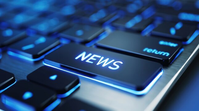 Close up view of computer keyboard key labeled news glowing with blue light, representing breaking headlines, media broadcasting, journalism
