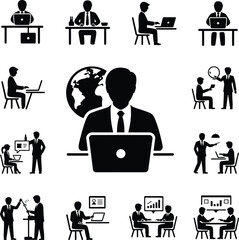 Fototapeta premium Global Business Operations and Professional Office Workspace Vector Icon Set Featuring Remote Freelance Work, Executive Leadership, and Collaborative Corporate Meetings