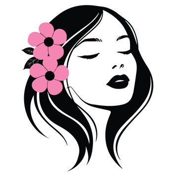 Elegant woman with flower in hair fashion vector illustration portrait of beautiful girl beauty makeup style sketch art design