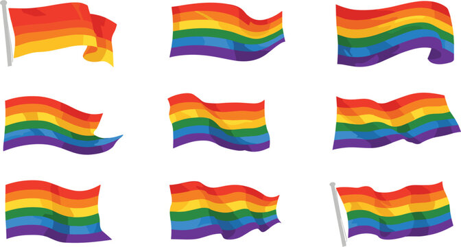 Waving Pride Month Rainbow Flag Vector Icon Set Representing LGBTQ Community Diversity, Freedom, and Equality Symbols for Parade and Marketing Layouts