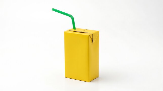 Bright yellow juice box with green straw on white background minimal design