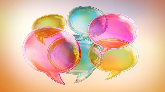 dialogue. Colorful speech bubbles floating in abstract space, representing diverse consumer opinions. pitch deck slides.