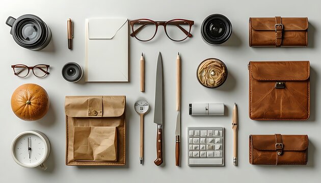 A neatly arranged collection of office and daily use items