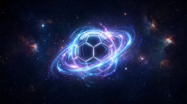 A vibrant neon molecule orbits through space with colorful swirling lights.