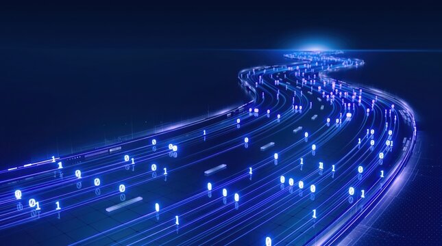Abstract binary code stream flowing on digital highway, high speed data transfer, fiber optic internet connection, telecommunications infrastructure, 5G network technology