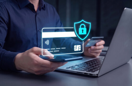 secure digital payment via smartphone and credit card with encrypted online transaction technology, virtual wallet checkout, cyber security authentication, and modern fintech banking services concept