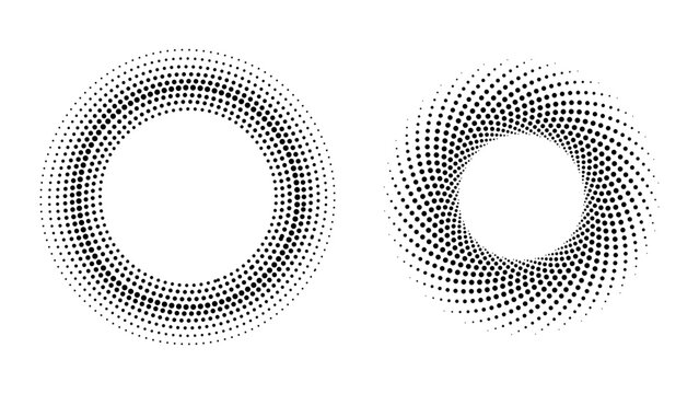 Set of two halftone circular frames, radial dotted rings, and abstract geometric design elements. Vector illustration