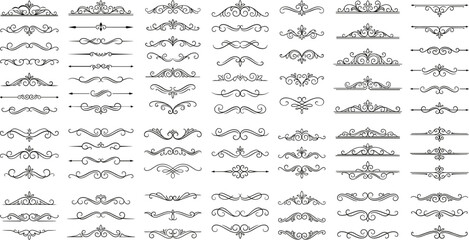 Fototapeta premium Vintage calligraphic dividers vector elements set with ornate text borders, flourish lines and scroll ornaments