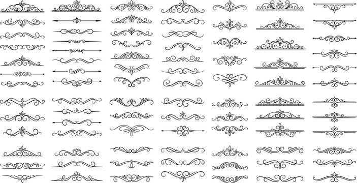 Vintage calligraphic dividers vector elements set with ornate text borders, flourish lines and scroll ornaments