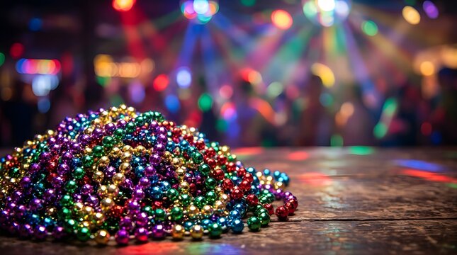 Colorful Mardi Gras beads on a rustic table during a festive party event