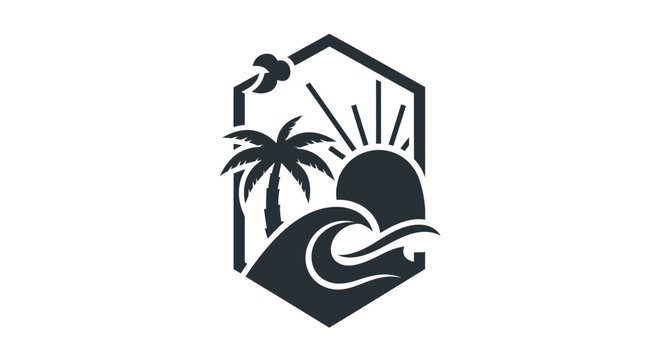 Minimalist Beach Emblem Featuring Palm Tree and Ocean Wave.