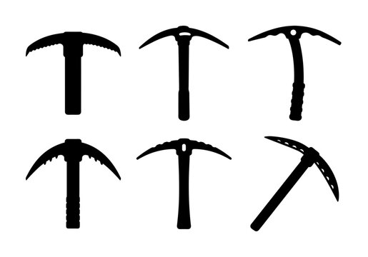 Vintage Ice Pickaxe Silhouettes Collection Set- Set of black ice pickaxe silhouettes in various designs, isolated on a white background, representing climbing, mountaineering, mining, and outdoor tool