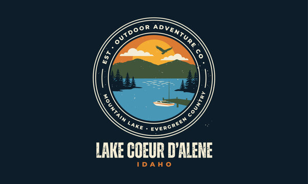 Lake sunset emblem with mountain reflection and indigenous cultural circle design
