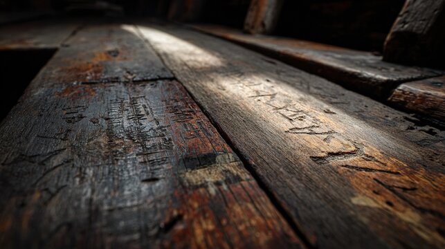 markings. Dark narrow wooden ship interior with carved markings and a beam of light. mobility guides, transit brochures, designed for transport & logistics marketing, used by bi analysts.