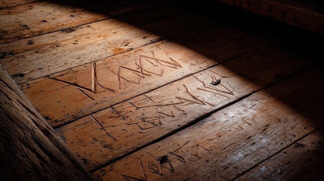 markings. Dark narrow wooden ship interior with carved markings and a beam of light. mobility guides, transit brochures, designed for transport & logistics marketing, used by bi analysts.