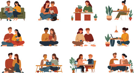 Fototapeta premium Young Couples and Freelancers Flat Character Vector Set Studying, Working on Laptops, Reading Books, and Drinking Coffee in Cozy Home and Cafe Settings
