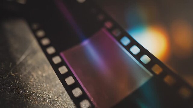 Slow motion tracking shot of 35 mm film strip reflecting colorful light on textured surface in studio close up