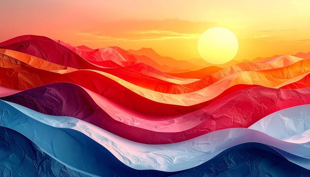 Abstract sunset landscape background with vivid orange, red, purple and blue gradient mountain waves and full sun