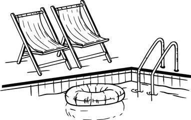 Hand drawn poolside scene with lounge chairs inflatable ring and ladder in minimal sketch style. Summer vacation leisure illustration for travel themes and relaxation concepts. Vector outline  © Parul