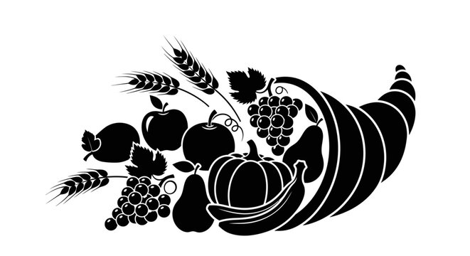 Black silhouette of a cornucopia horn of plenty filled with harvest fruits and vegetables.