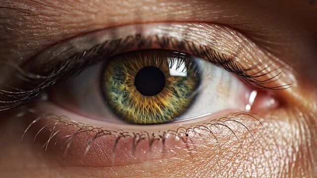 Tracking slow motion close up of hazel eye blinking and rotating on facial skin in studio macro portrait