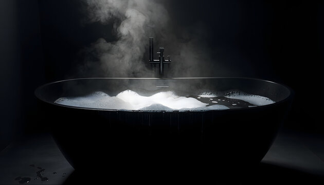Freestanding black bathtub filled with steaming water under an intense light beam creating an exclusive private and deeply relaxing atmosphere generative AI