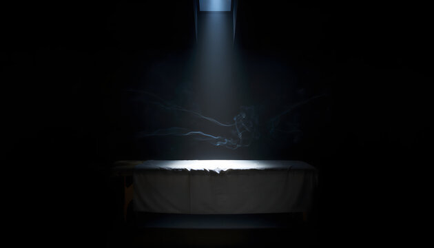 Massage table draped in a white linen sheet under a moonlit shaft creating a stark quiet and intensely peaceful atmosphere generative AI