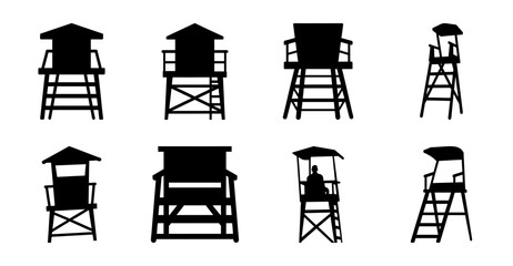 Black lifeguard chairs and stands set illustration - Minimalist black and white vector illustration of lifeguard chairs, stands, and equipment in a clean, organized arrangement. © Tanjila