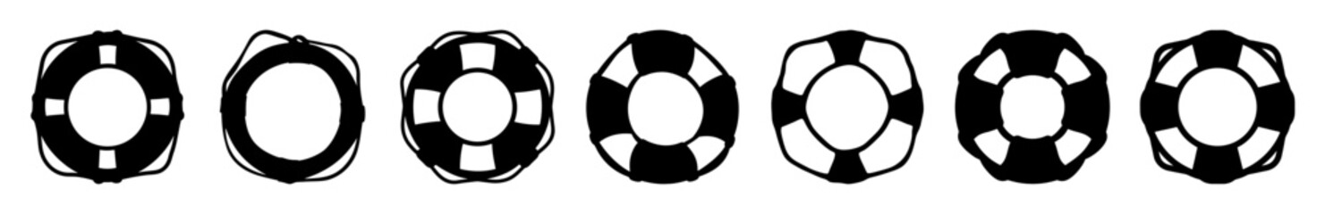 Set of colorful life buoy icons in a row - A clean, minimal line art collection of life buoys in red and white, arranged horizontally for rescue or safety design use. © Tanjila